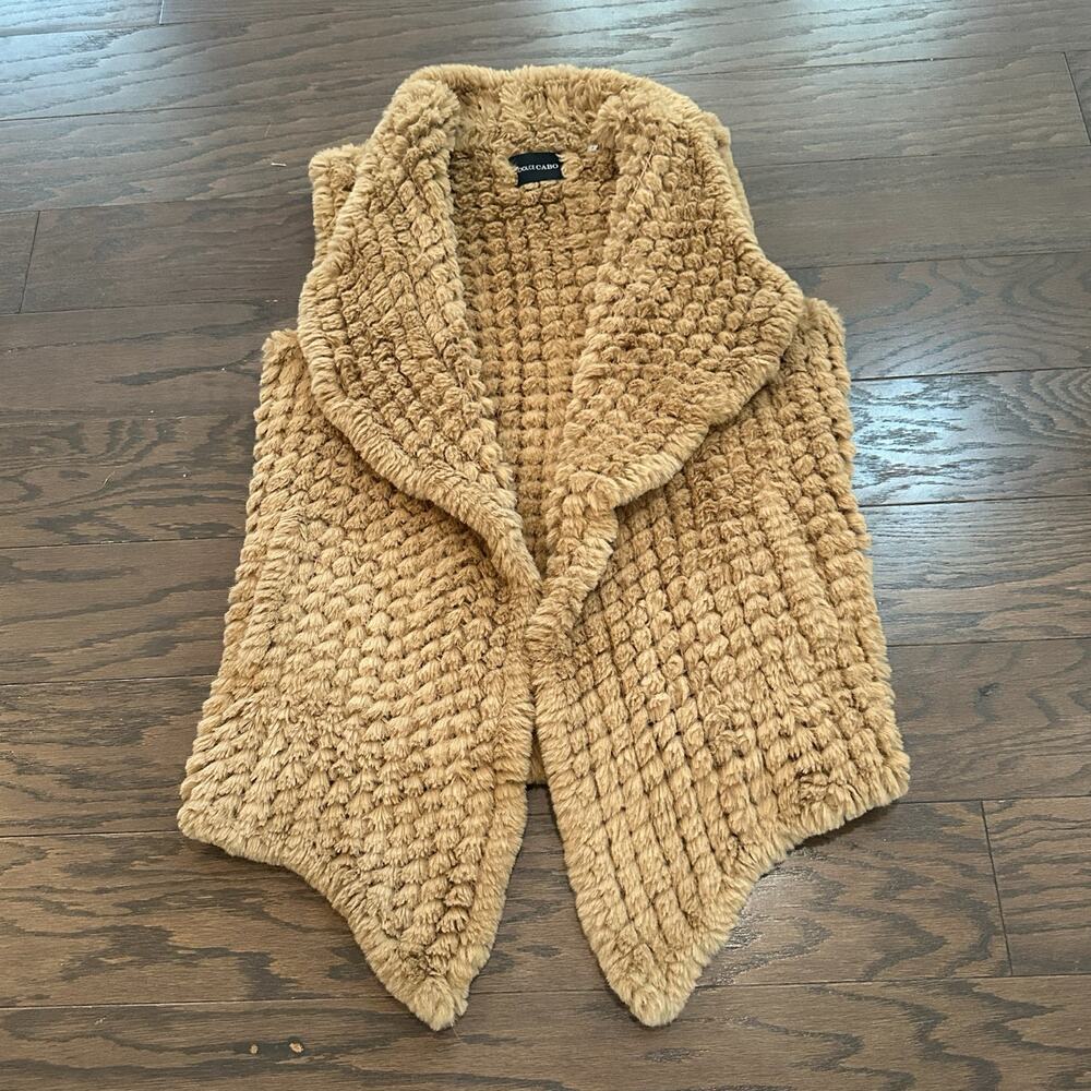 Dolce Cabo Camel Faux Fur Textured Open Front Vest Cardigan Cozy Size Medium - Picture 3 of 10